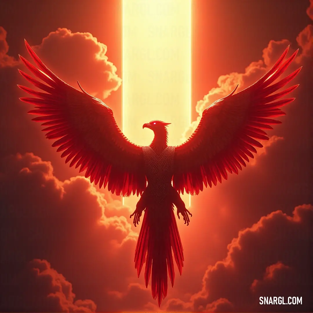 A majestic bird with outstretched wings is set against a dramatic sky filled with clouds, illuminated by brilliant rays of light that enhance its epic flight across the heavens.