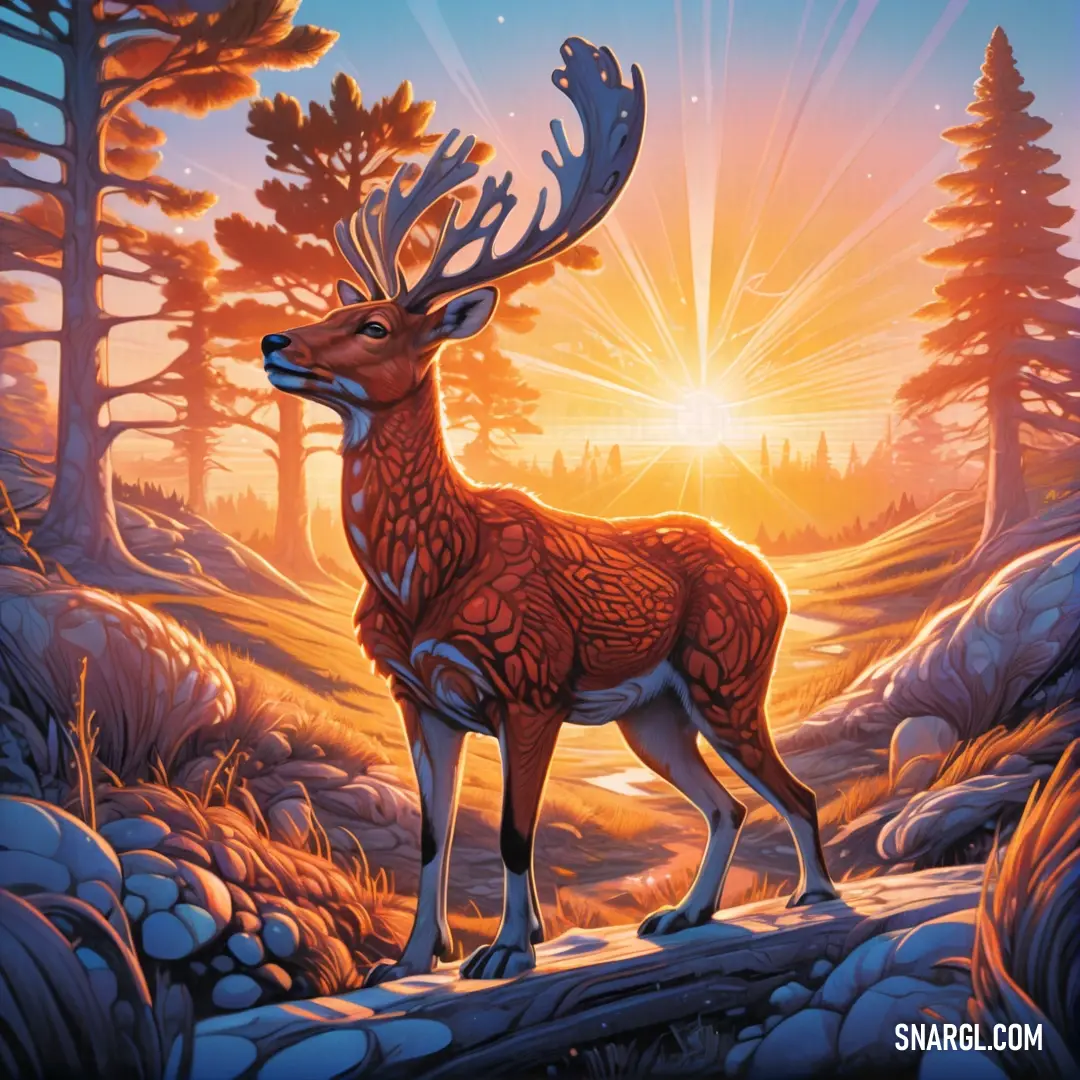 A stunning deer stands majestically in a sun-drenched forest at sunset, with rays of light filtering through the trees behind it. The glow of the setting sun casts a warm embrace over the scene, highlighting the deer's grace and the vibrant colors of the 