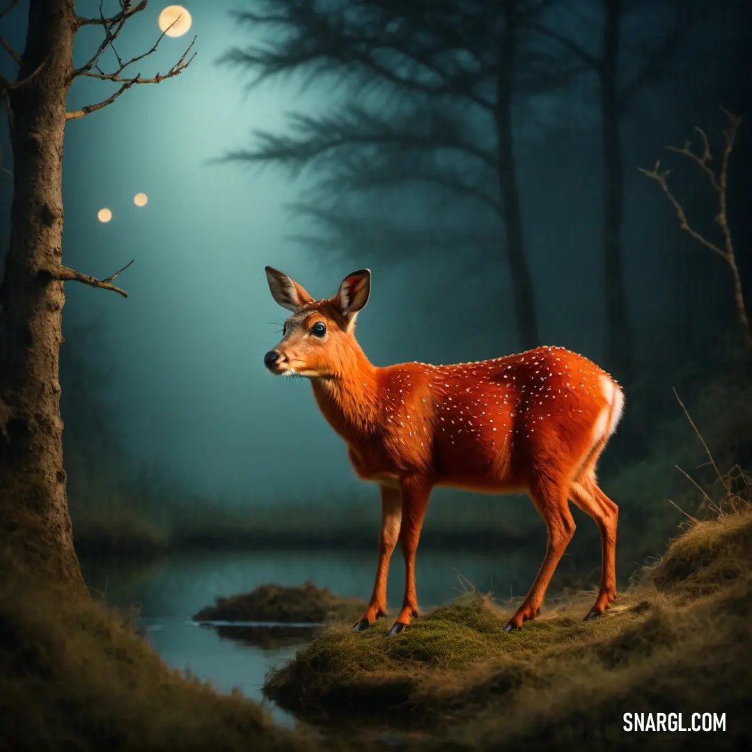 A graceful deer stands quietly in a serene woodland setting illuminated by the ethereal glow of a full moon. The stark contrast between the dark forest and the moonlight creates a magical atmosphere, reflecting the tranquility of nature amidst the night.