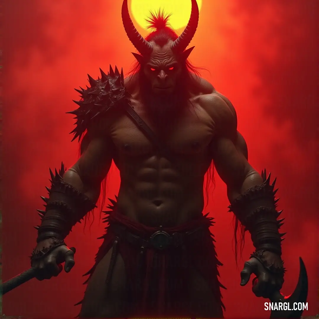 A powerful demon with impressive horns grasps two swords, poised in front of an ominous red backdrop. This striking image evokes themes of strength and defiance, showcasing a dark warrior ready for battle amid swirling crimson hues.