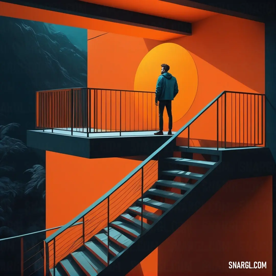 A serene scene featuring a man standing thoughtfully on a balcony, overlooking a breathtaking sunset that paints the sky with vibrant hues. A nearby stairway adds to the elegant charm of this tranquil moment captured in NCS S 0580-Y70R colors.