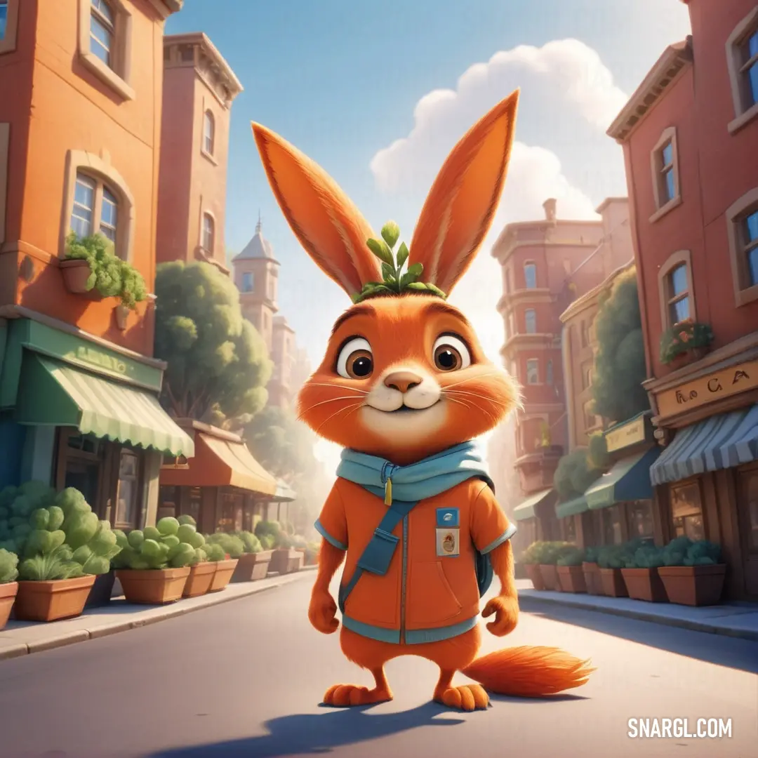 A delightful cartoon rabbit with a colorful backpack playfully hops along a bustling city street. The backdrop features vibrant buildings that contribute to a lively atmosphere, highlighting the joys of exploration in an urban landscape filled with advent