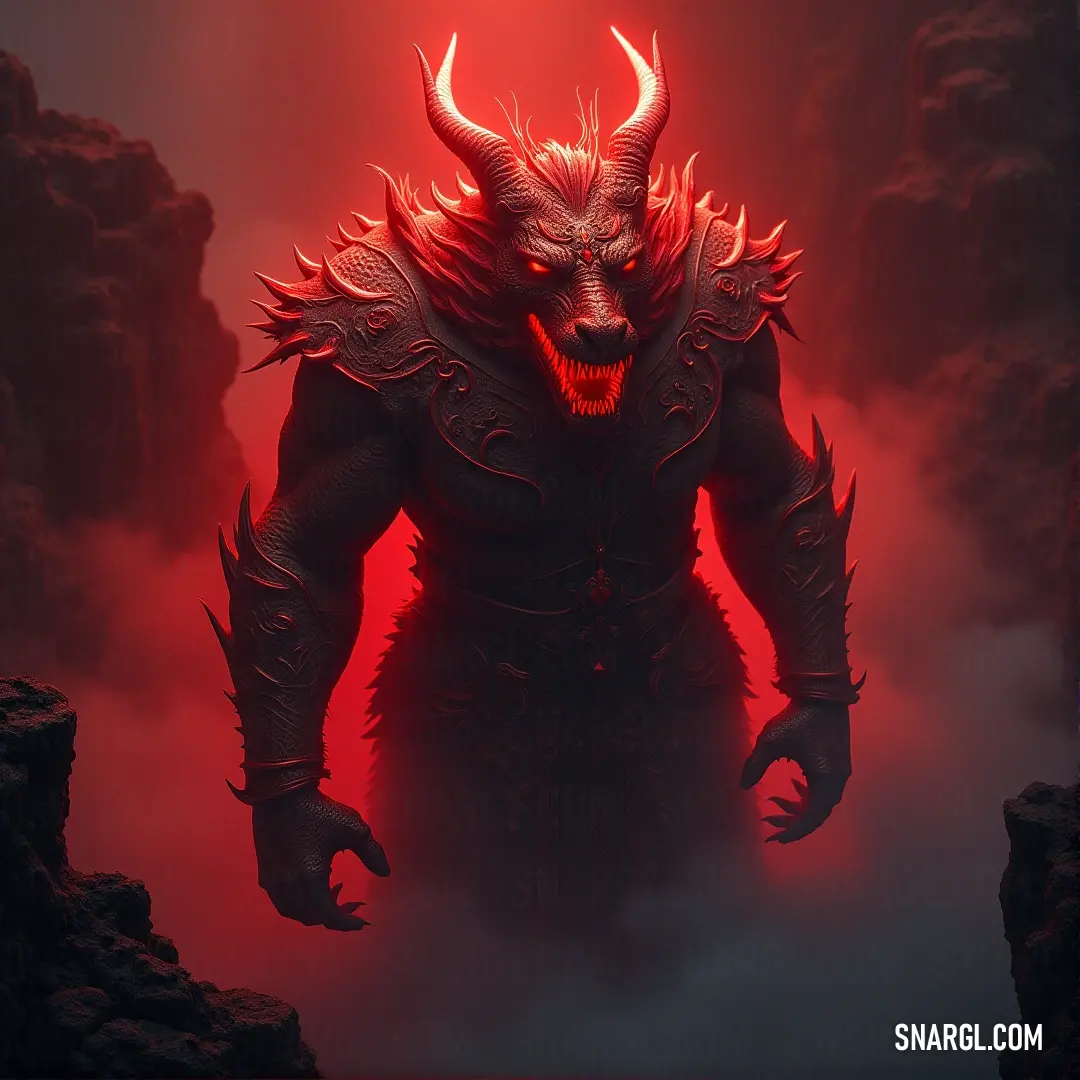 A menacing demon, adorned with twisted horns, looms in shadows with a mysterious red glow behind it. The eerie composition highlights its fierce gaze, embodying the darkness that lies within, surrounded by an inviting yet foreboding atmosphere.