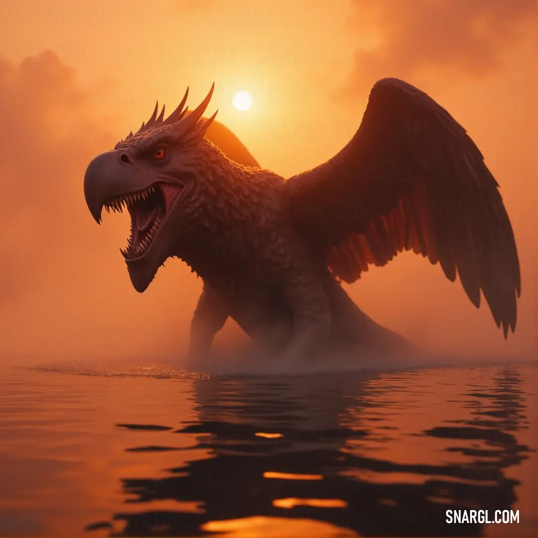 Majestic bird elegantly gliding across the shimmering water as the sun sets, casting a warm glow on its feathers. The vibrant colors and tranquil ambiance create a mesmerizing scene, inviting you to pause and appreciate nature's beauty.