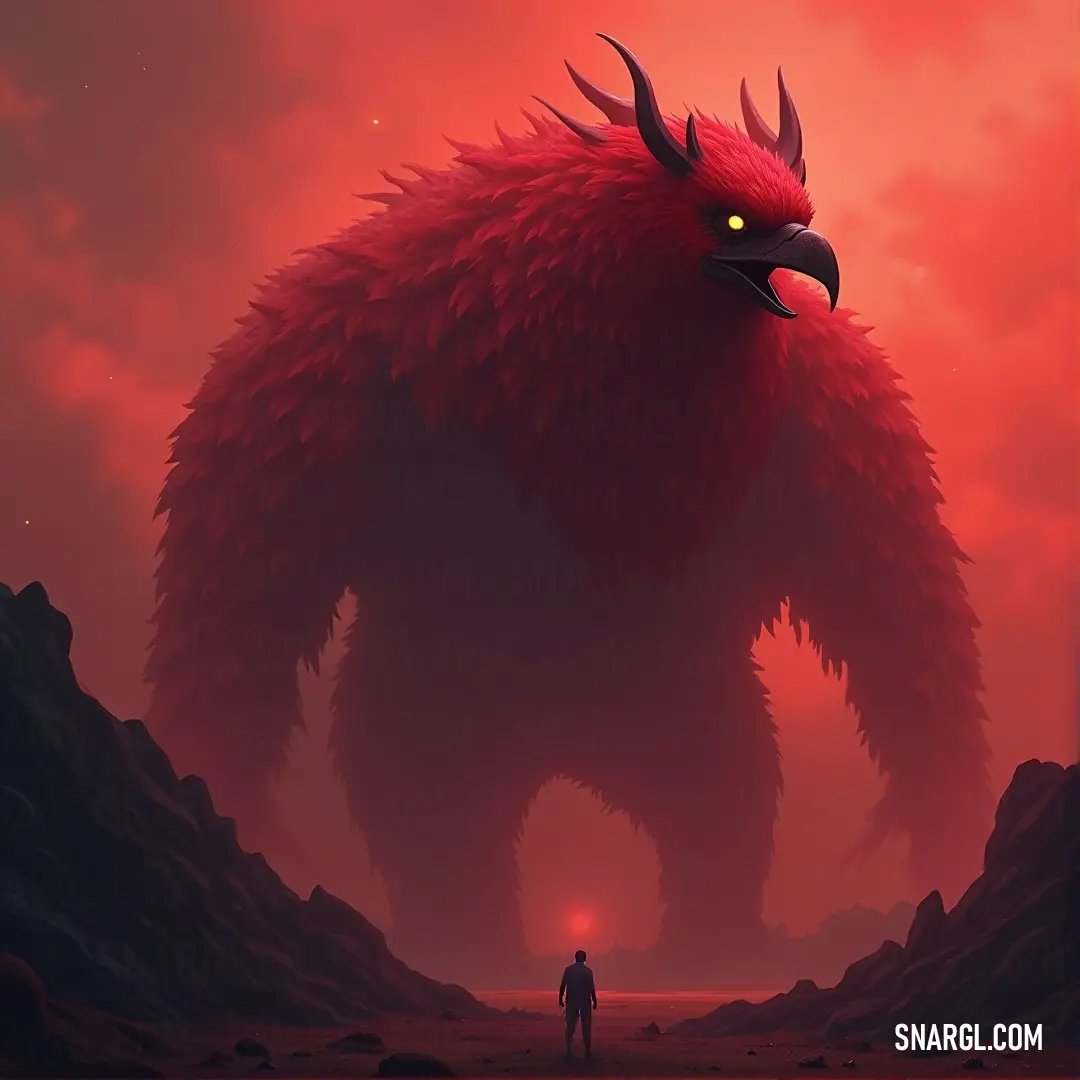 A brave figure stands confidently before a colossal red monster with intense yellow eyes. The vibrant colors create a striking contrast, showcasing the dramatic scene filled with wonder and excitement, leaving you curious about the story behind this encou