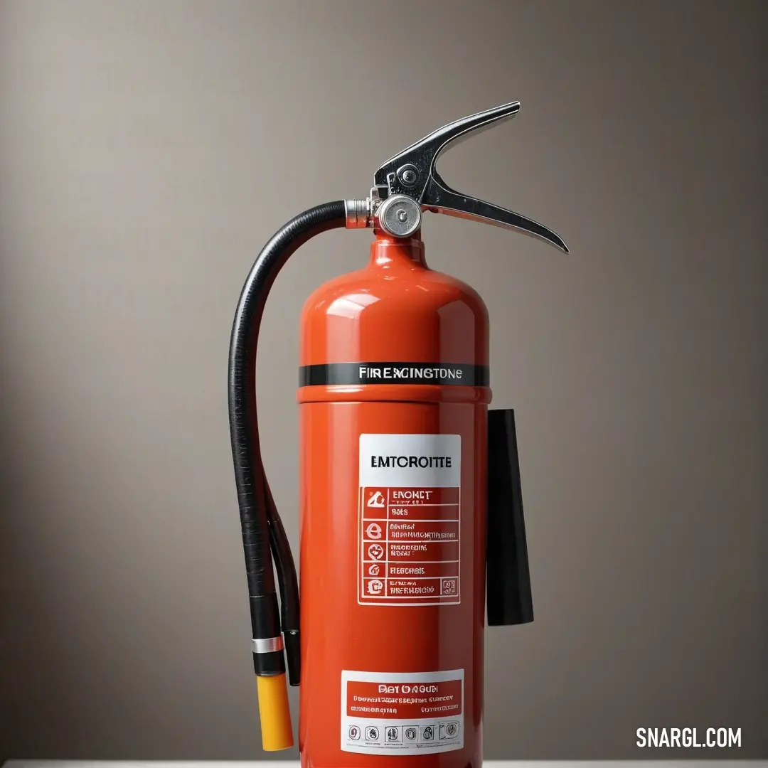 A striking red fire extinguisher, equipped with a pair of pliers on its handlebars, stands in bold contrast against a muted backdrop, representing safety and readiness in a visually appealing way.