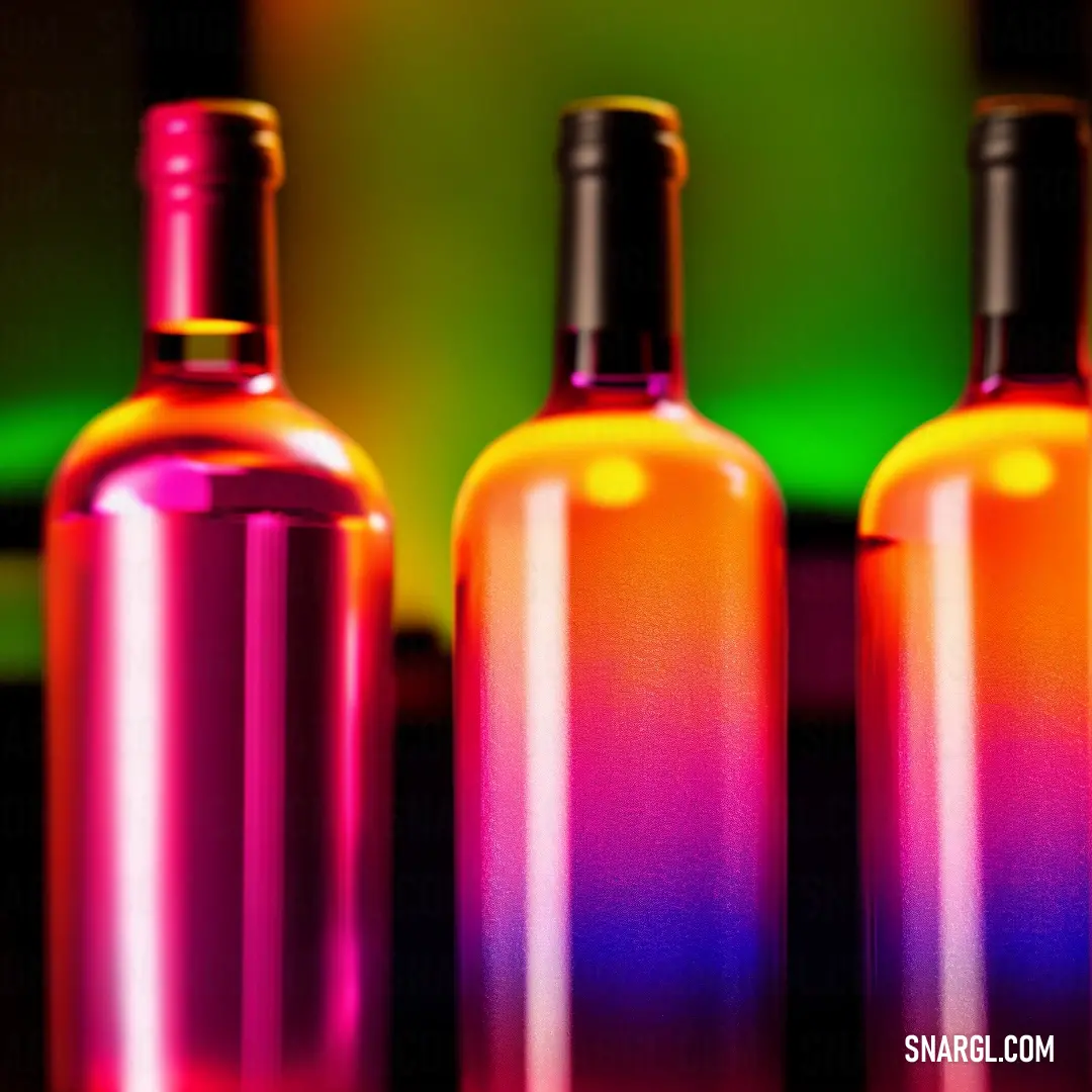 Three bottles of wine sitting on a table, illuminated by neon lights that create a vibrant, colorful backdrop. The bottles are the focal point of the scene, with their rich glass hues adding sophistication to the setting.