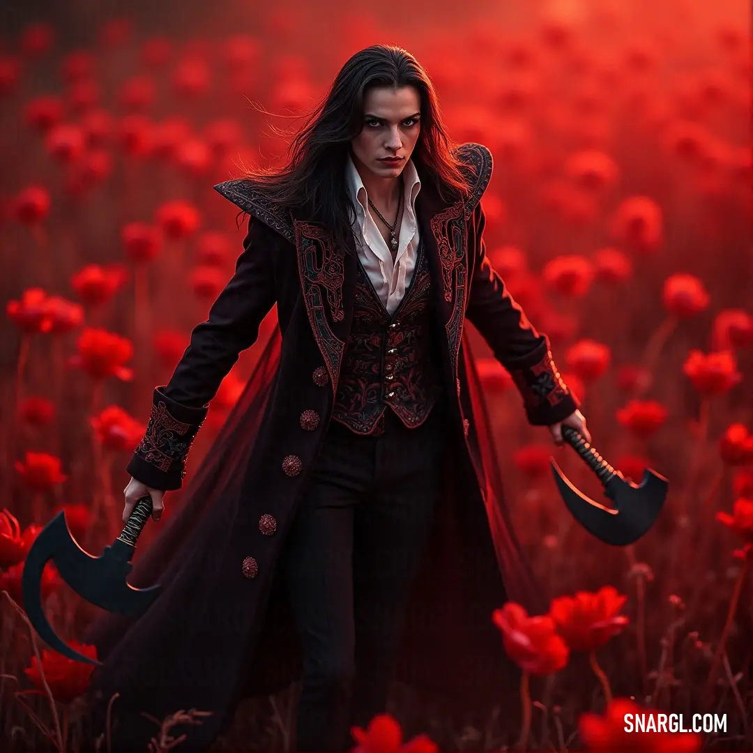 A fierce woman clad in a red coat stands boldly in a field of swirling red flowers, wielding a large axe. The dramatic red sky overhead enhances her powerful presence, as she symbolizes strength and determination within a vibrant landscape.