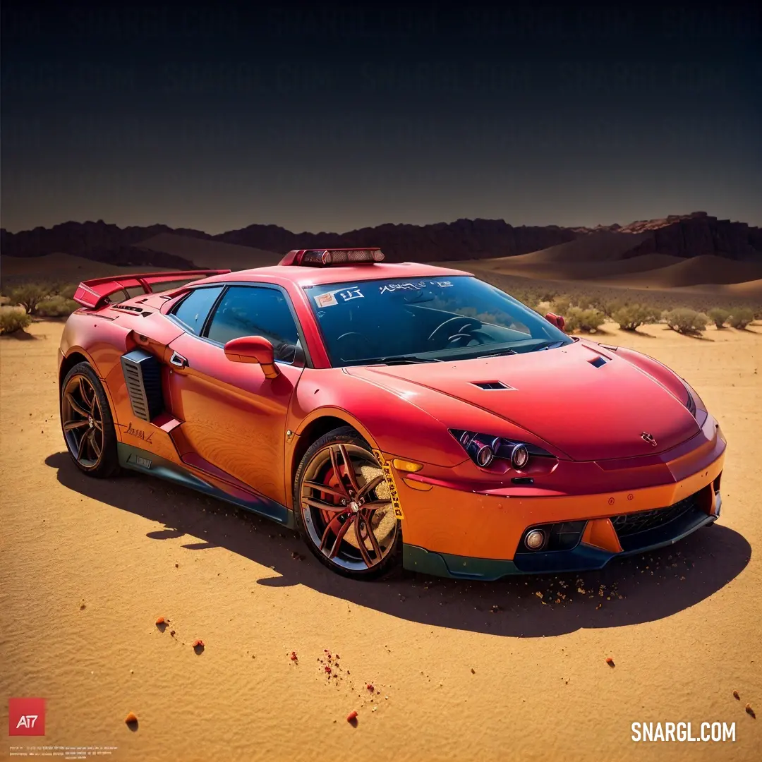 A sleek red sports car speeding through the desert with a vivid sky in the background. The car's striking red color stands out against the warm desert tones and the expansive, open sky, creating a sense of freedom and adventure.