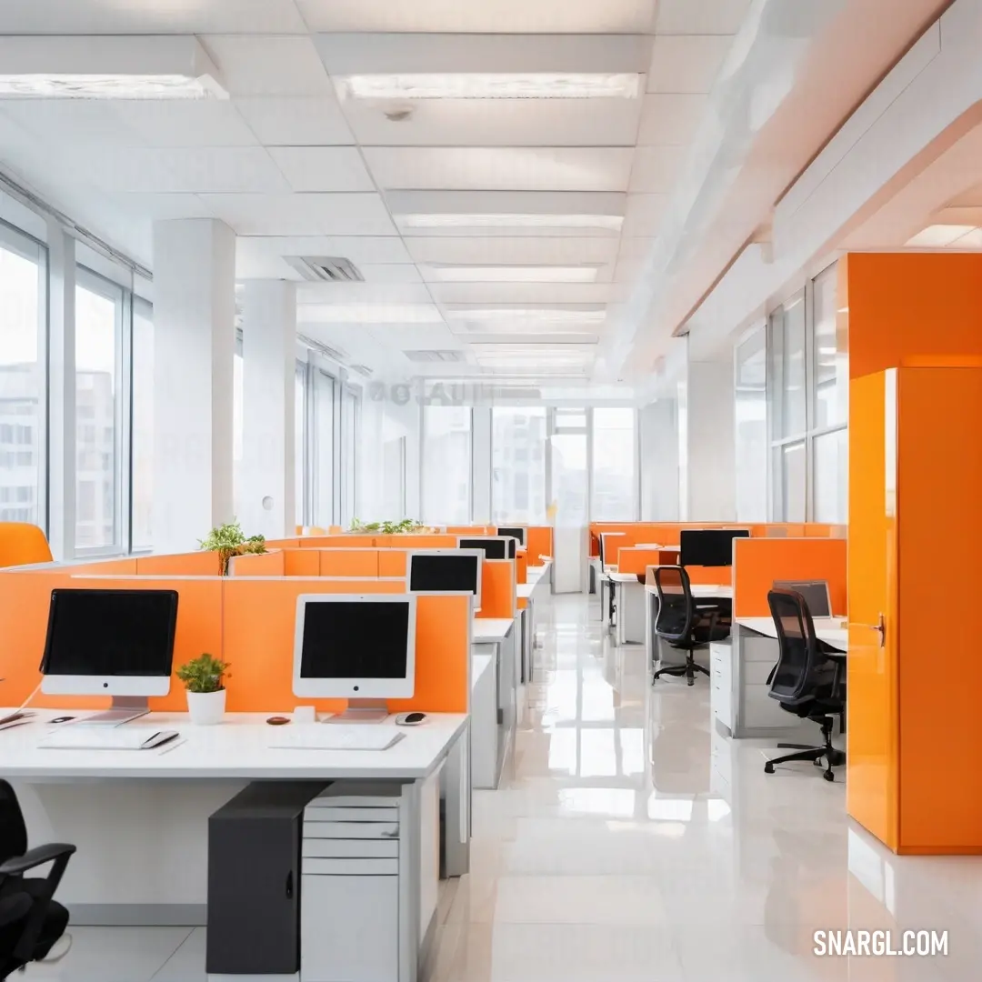 A modern office space filled with multiple desks and computers, neatly arranged to encourage productivity. A central door hints at accessibility, while the color NCS S 0580-Y70R brings a touch of vibrancy to the work environment.