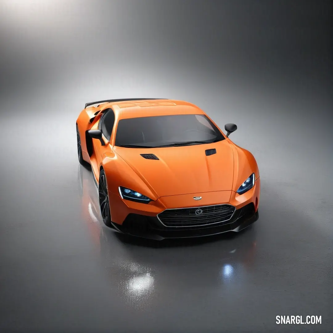 An impressive orange sports car shines under soft lighting, elegantly parked on a glossy black floor. Its design captivates the eye, accentuating the vibrant color and sleek lines, representing automotive excellence.