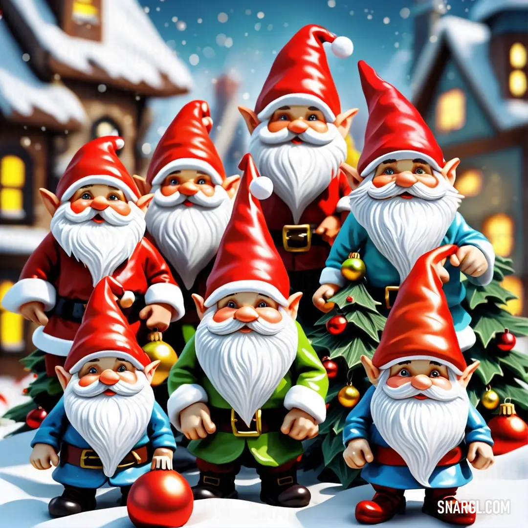 Group of gnomes standing next to each other in front of a christmas tree with a house in the background. Example of RGB 226,52,32 color.
