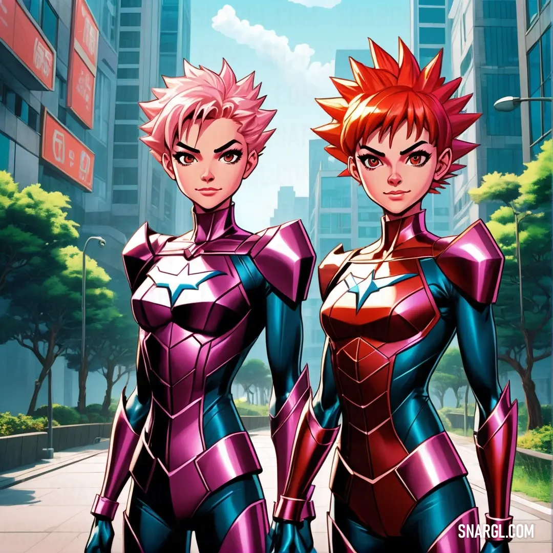 NCS S 0580-Y80R color example: Two anime characters standing in a city street with buildings in the background