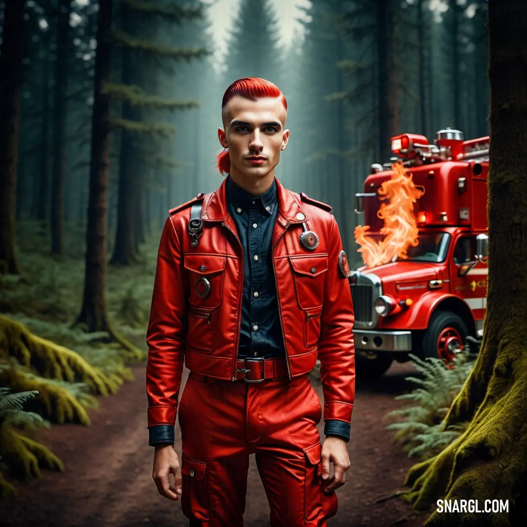 NCS S 0580-Y90R color. Man in a red leather jacket standing in front of a fire truck in a forest with a red fire