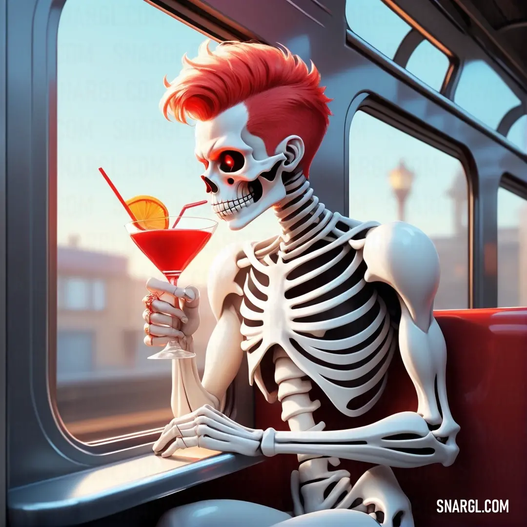 Skeleton holding a drink and on a train car with a red hair and a drink in his hand. Example of NCS S 0580-Y90R color.