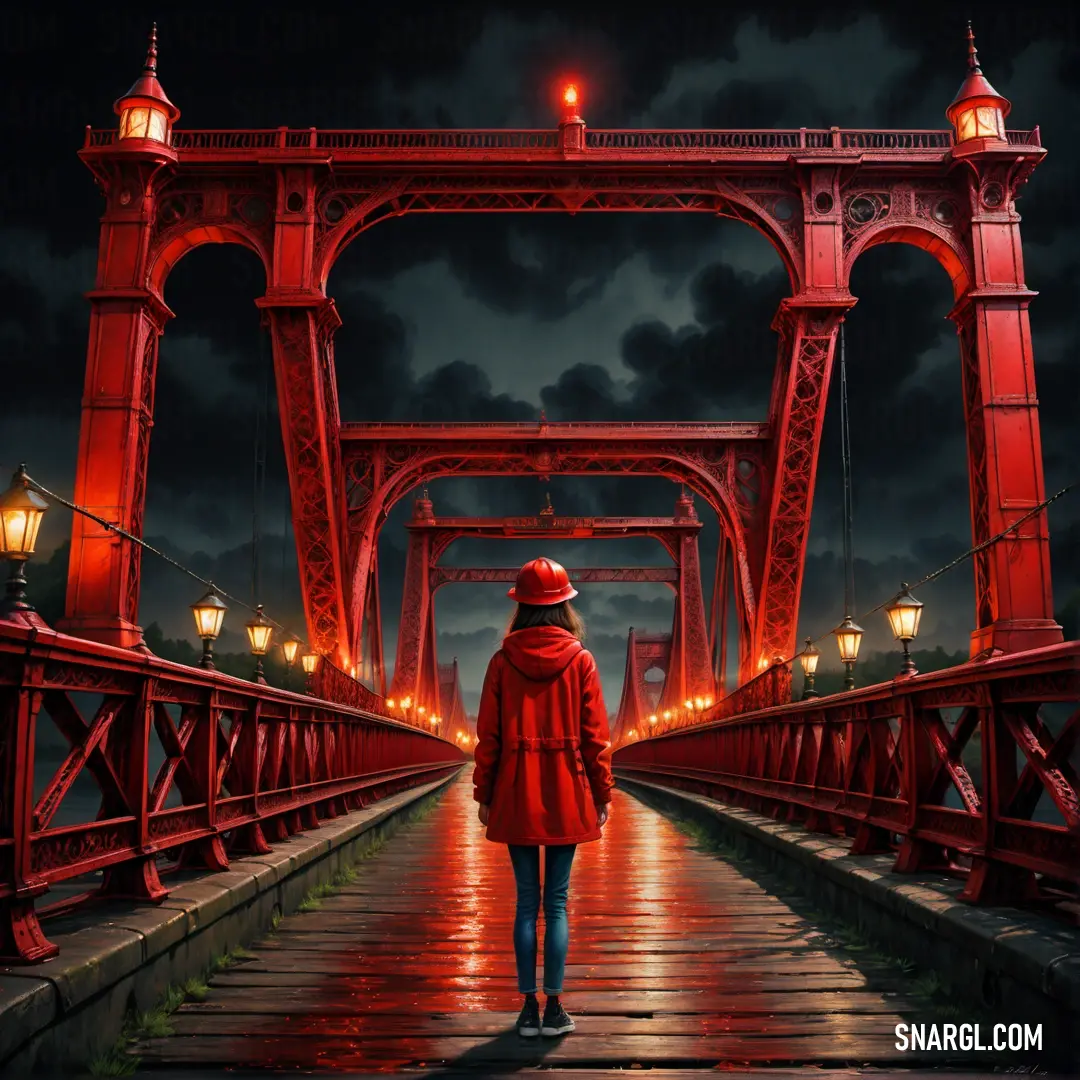 Woman in a red coat is walking across a bridge at night with lanterns on the sides of the bridge. Color NCS S 0580-Y90R.