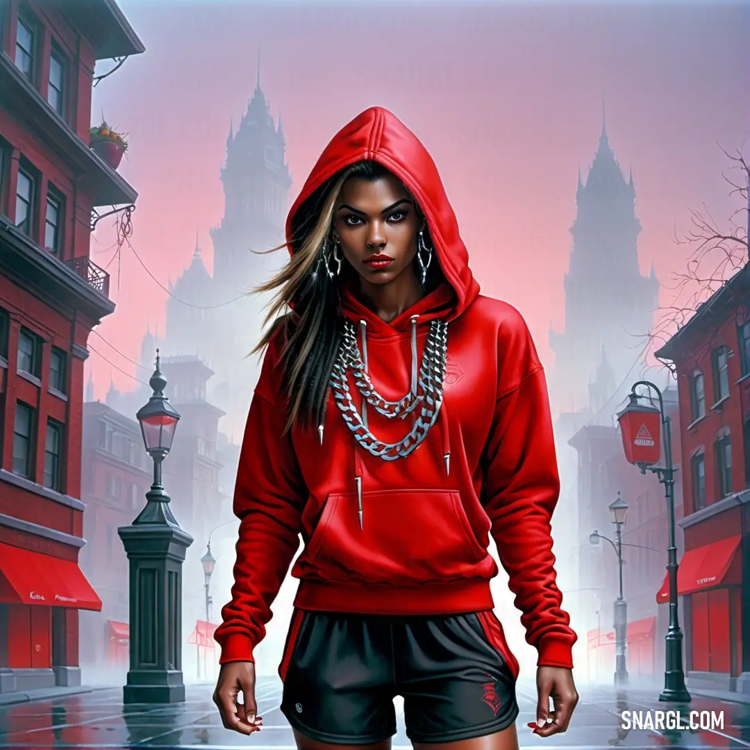 Woman in a red hoodie and black shorts is walking down a street in front of a red building. Example of NCS S 0580-Y90R color.