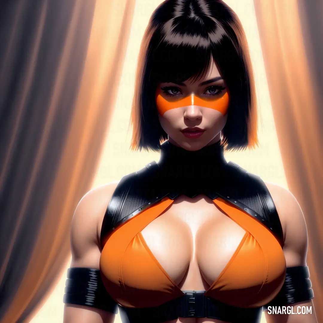 Woman in a leather outfit with a fake breast and orange paint on her face and chest. Color RGB 240,126,0.