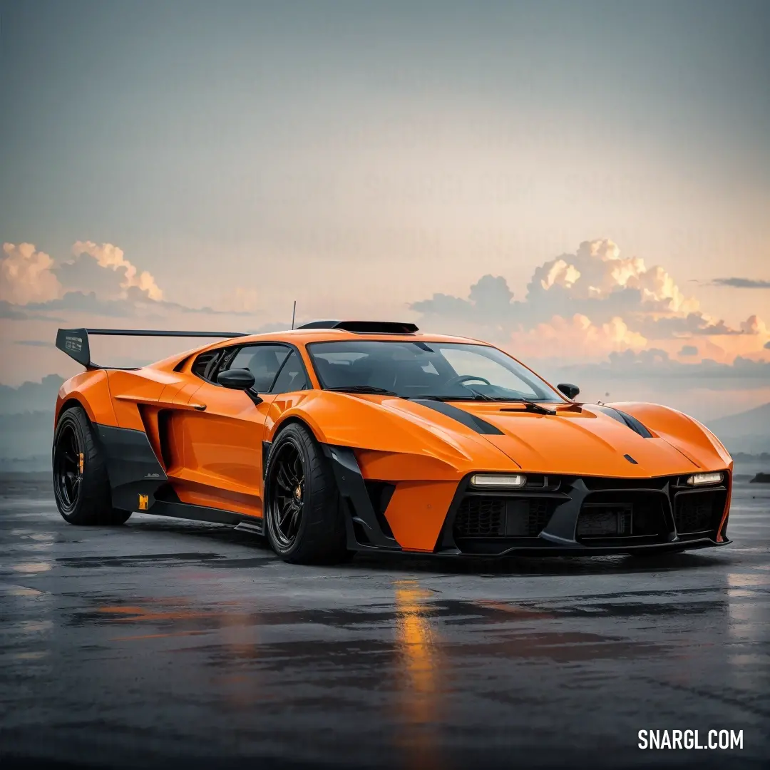 Very nice looking orange sports car parked in a lot with a cloudy sky in the background. Color RGB 240,126,0.