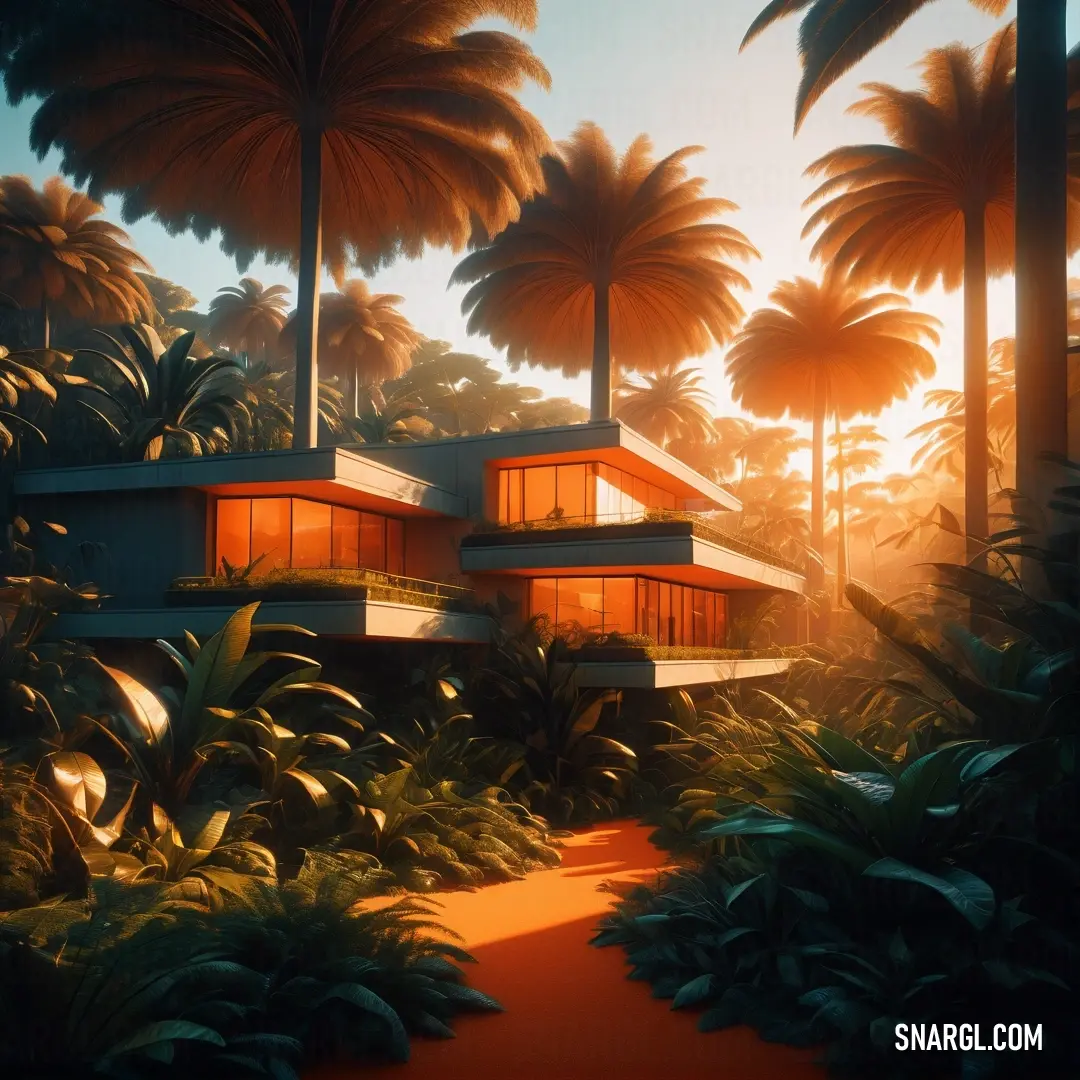 Futuristic house surrounded by palm trees and foliage at sunset or sunrise or dawn. Example of #EC6100 color.