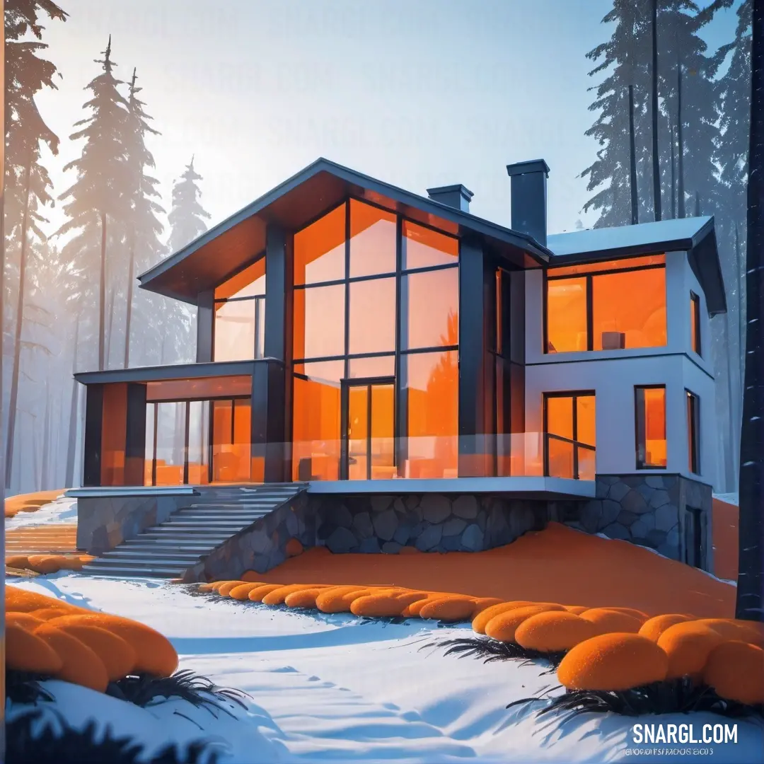 NCS S 0585-Y50R color. House in the woods with a lot of windows and snow on the ground and trees around it