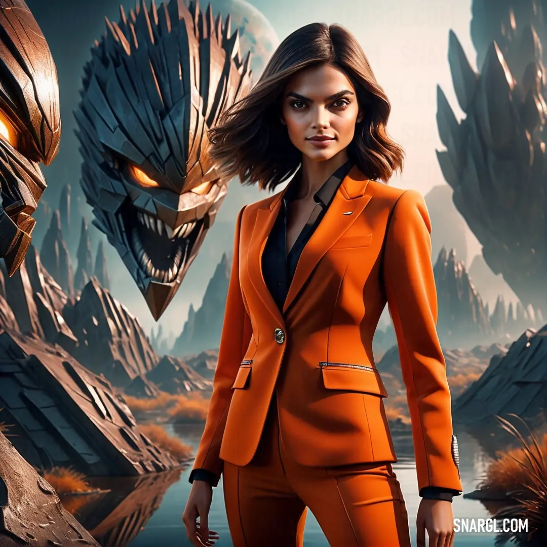 Woman in an orange suit standing next to a giant monster head in a futuristic setting with a lake in the background