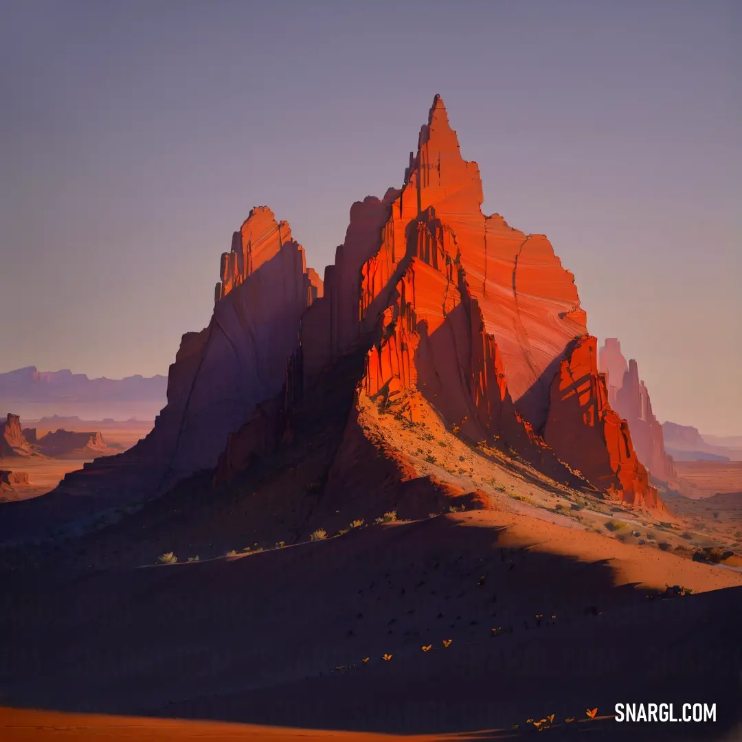 Mountain with a very tall rock formation in the middle of it's desert landscape. Color CMYK 0,80,100,0.