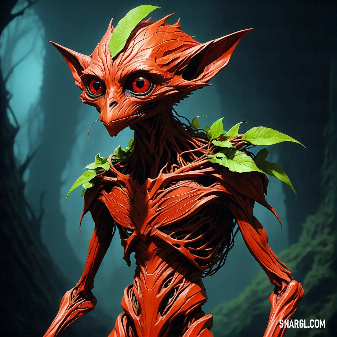 NCS S 0585-Y60R color example: Red creature with green leaves on its body and eyes, standing in a forest with a dark background