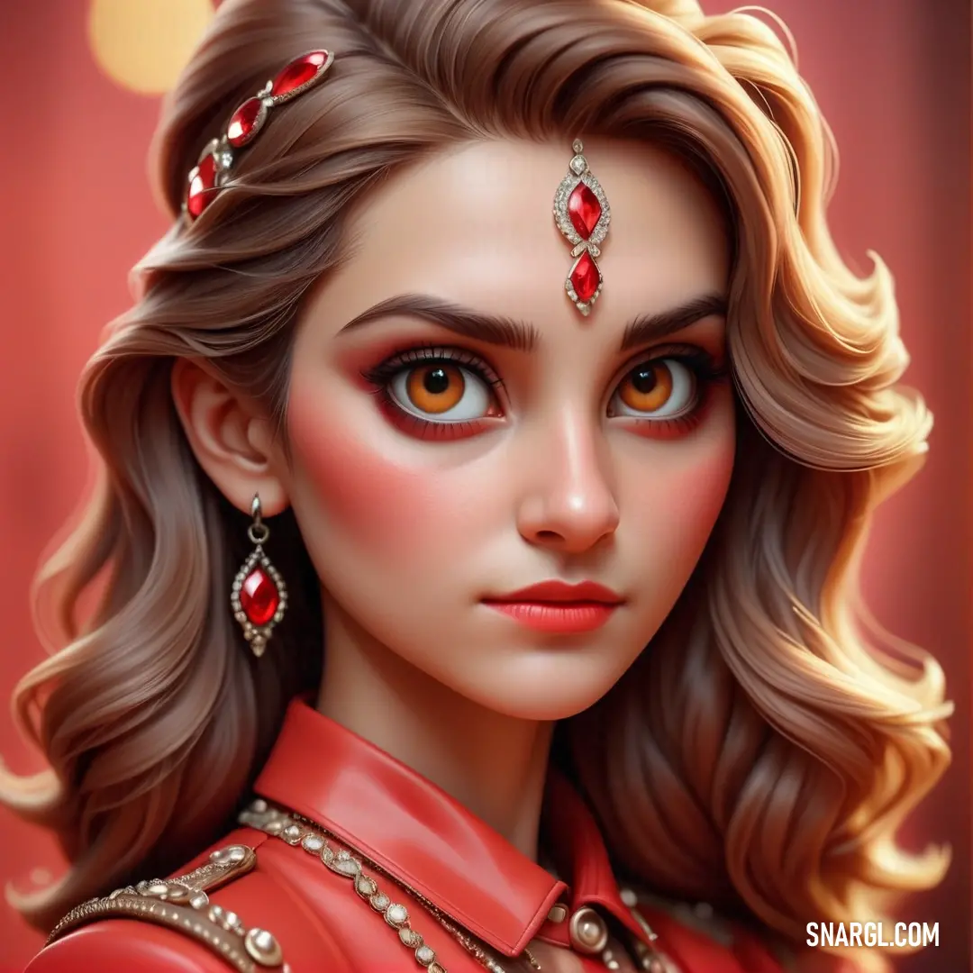 Digital painting of a woman with long hair and red makeup wearing a red dress and jewelry. Color CMYK 0,90,80,0.