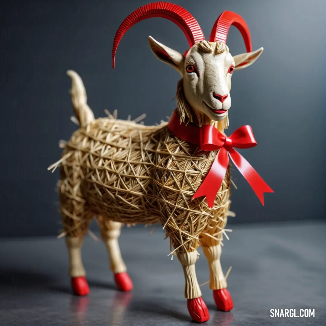Goat made out of straw with a red ribbon around its neck and horns. Example of #E33832 color.