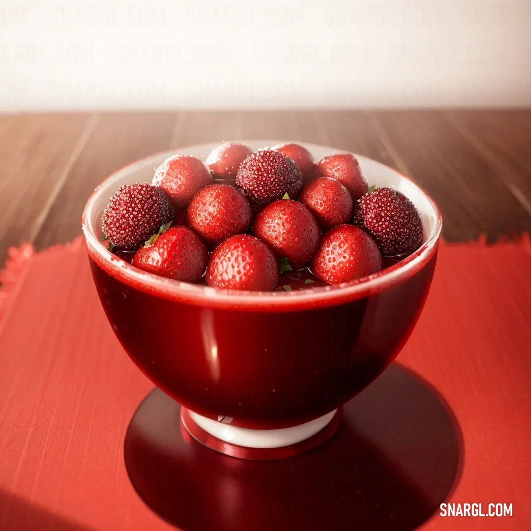 Bowl of strawberries on a red place mat on a wooden table top with a white background. Color NCS S 0585-Y80R.