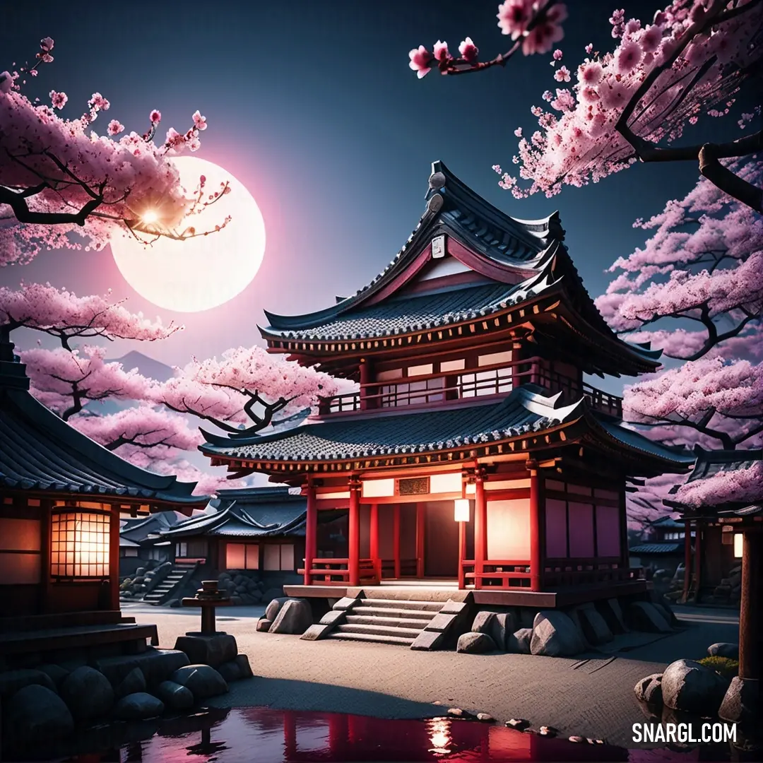 Japanese temple with a full moon in the background. Color #E33832.