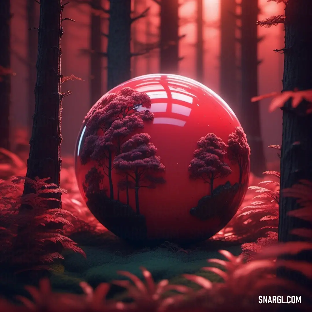 Red ball in the middle of a forest with trees and bushes around it, with a red background. Color #E33832.