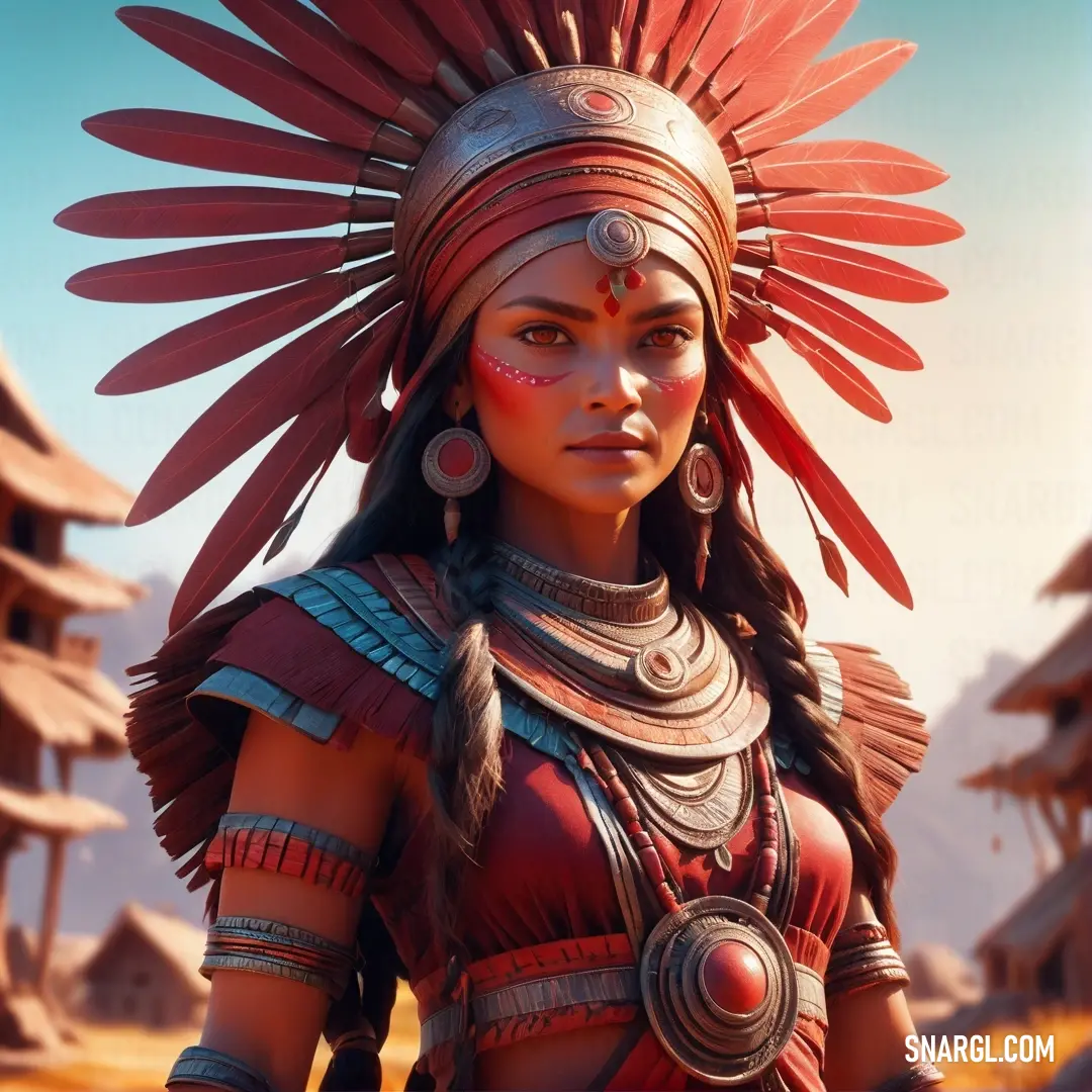 Woman in a native american costume standing in front of a desert landscape with a sky background. Example of RGB 227,56,50 color.