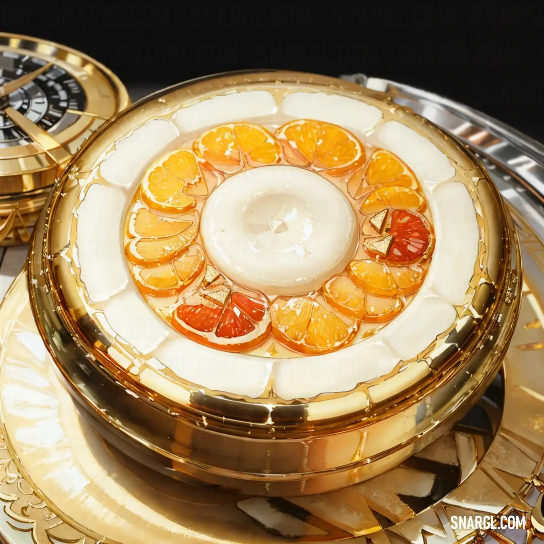Gold and white plate with orange slices on it and a clock in the background. Example of CMYK 0,3,2,0 color.
