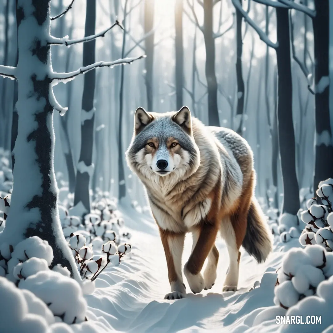 Wolf walking through a snowy forest with trees and bushes in the background. Example of #FFF9F8 color.