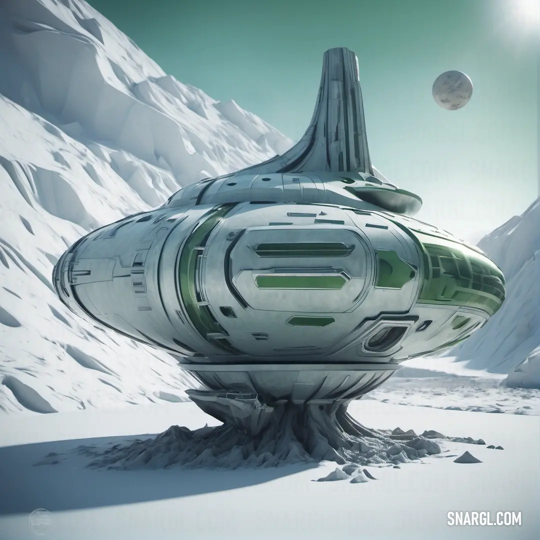 Futuristic looking ship floating in the air near a mountain range with a moon in the sky above it. Color #FBF6F9.