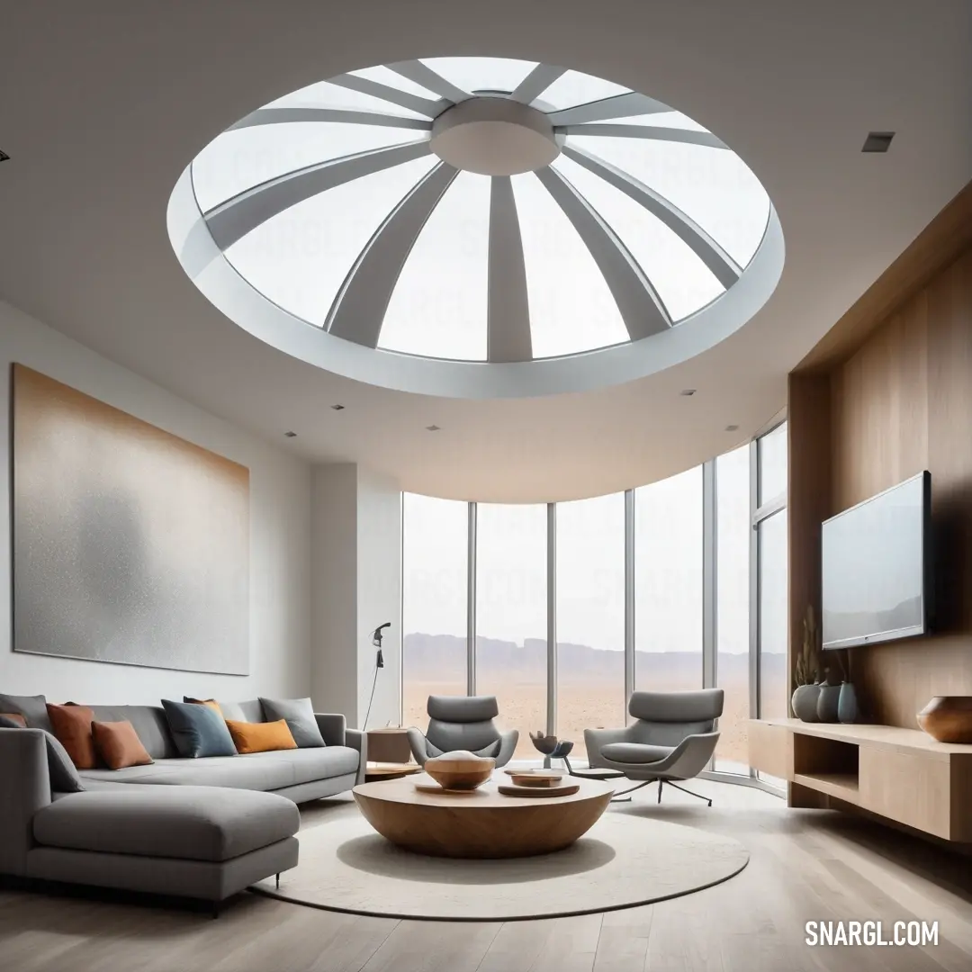 Living room with a large round window and a ceiling fan in the center of the room. Color NCS S 0603-R40B.