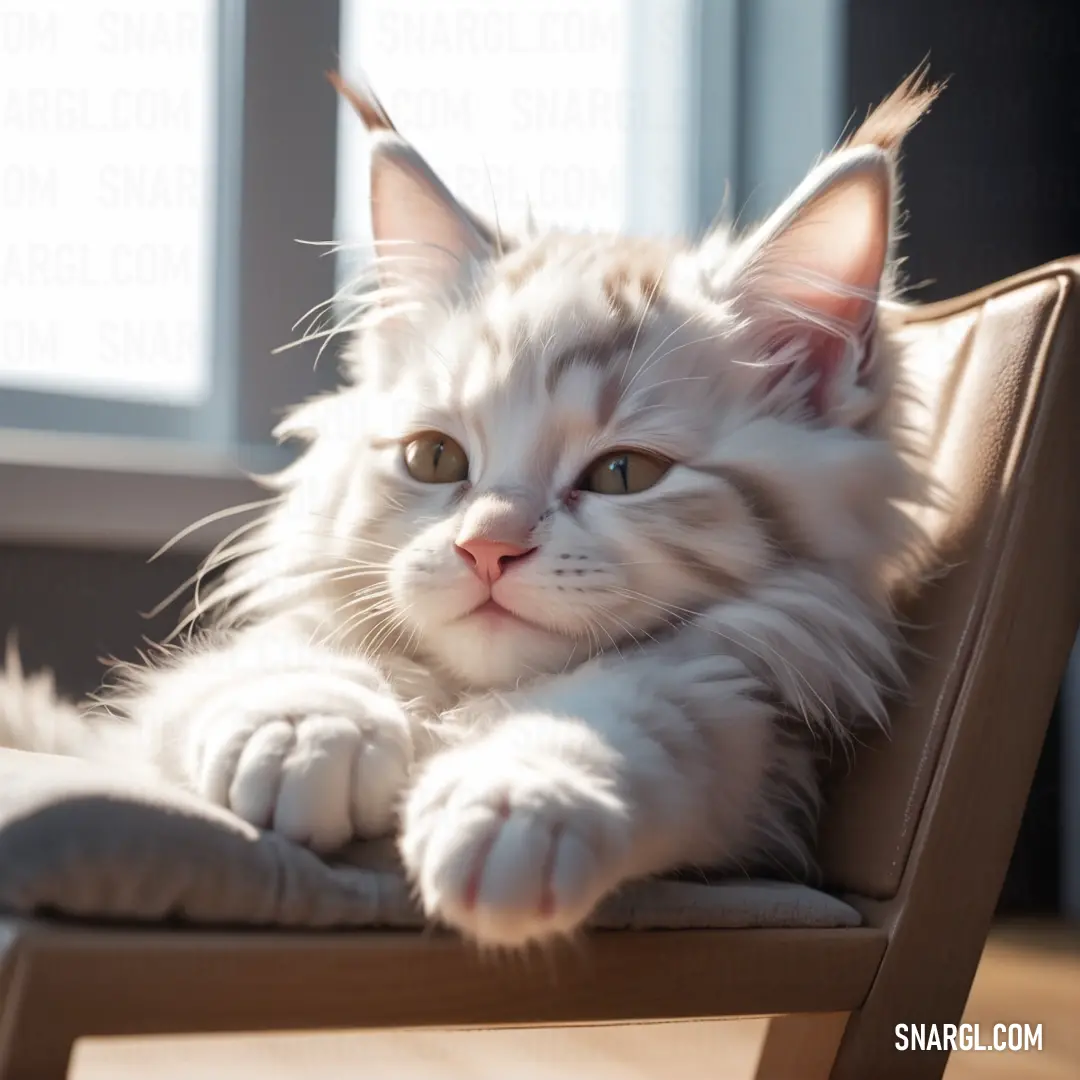 White cat laying on a wooden chair looking at the camera with a sad look on its face and paw. Color CMYK 0,3,0,2.