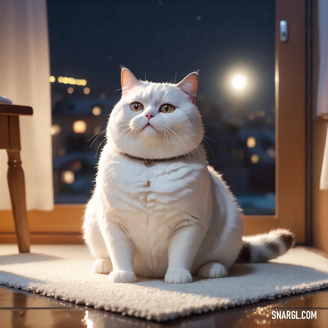 White cat on a rug in front of a window at night time with a city view behind it. Example of RGB 251,246,249 color.