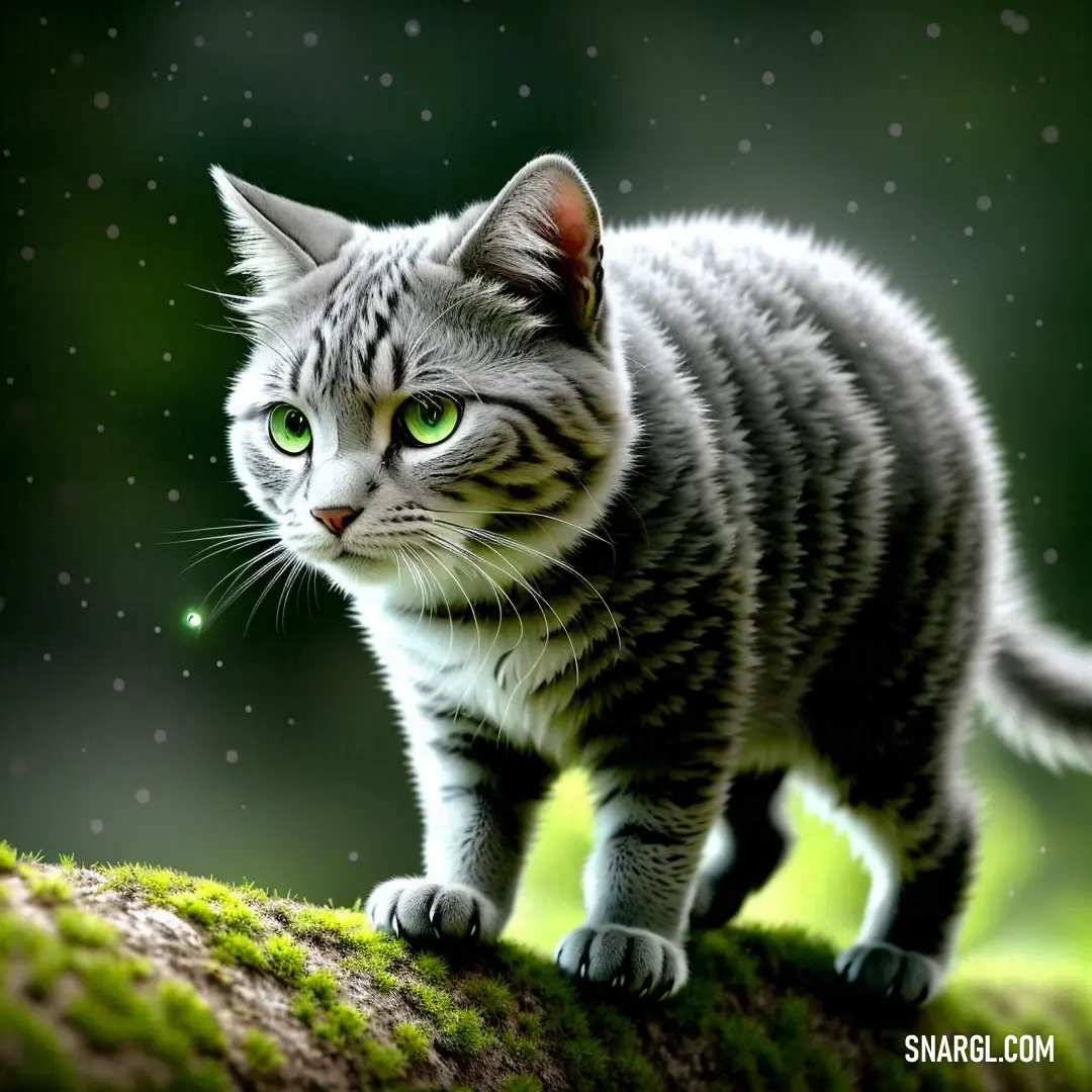 Cat with green eyes standing on a mossy surface with stars in the background. Example of CMYK 2,2,0,2 color.