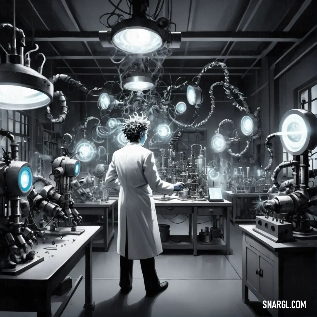 Man in a lab looking at a lot of lights in the room that are hanging from the ceiling. Color RGB 247,246,249.