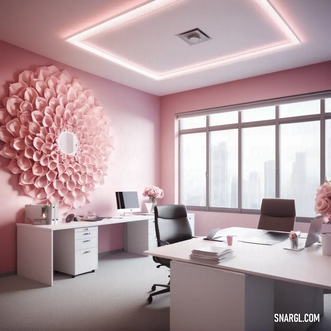 Pink office with a large flower on the wall and a desk with a computer on it and a chair. Example of #F7F6F9 color.