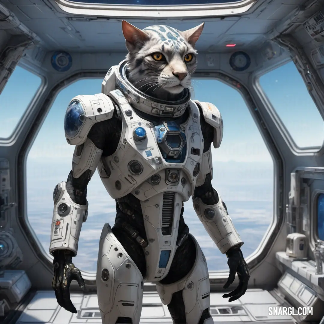 Cat in a space suit standing in a space station doorway with a view of the earth below it. Example of RGB 247,249,250 color.