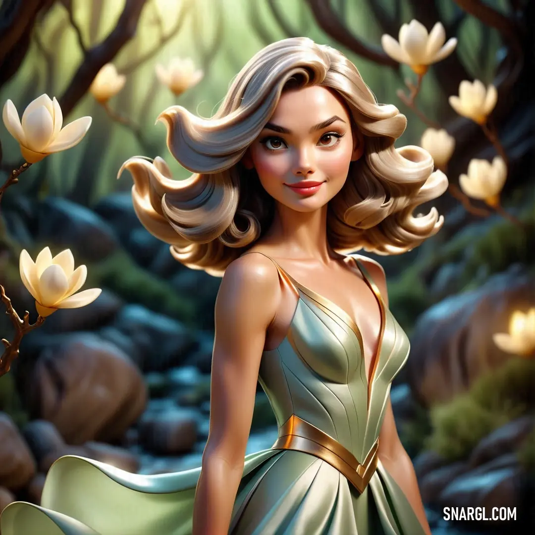 Beautiful woman in a green dress standing in a forest with flowers in her hair and a flowing flowing dress. Color #FFF9E9.