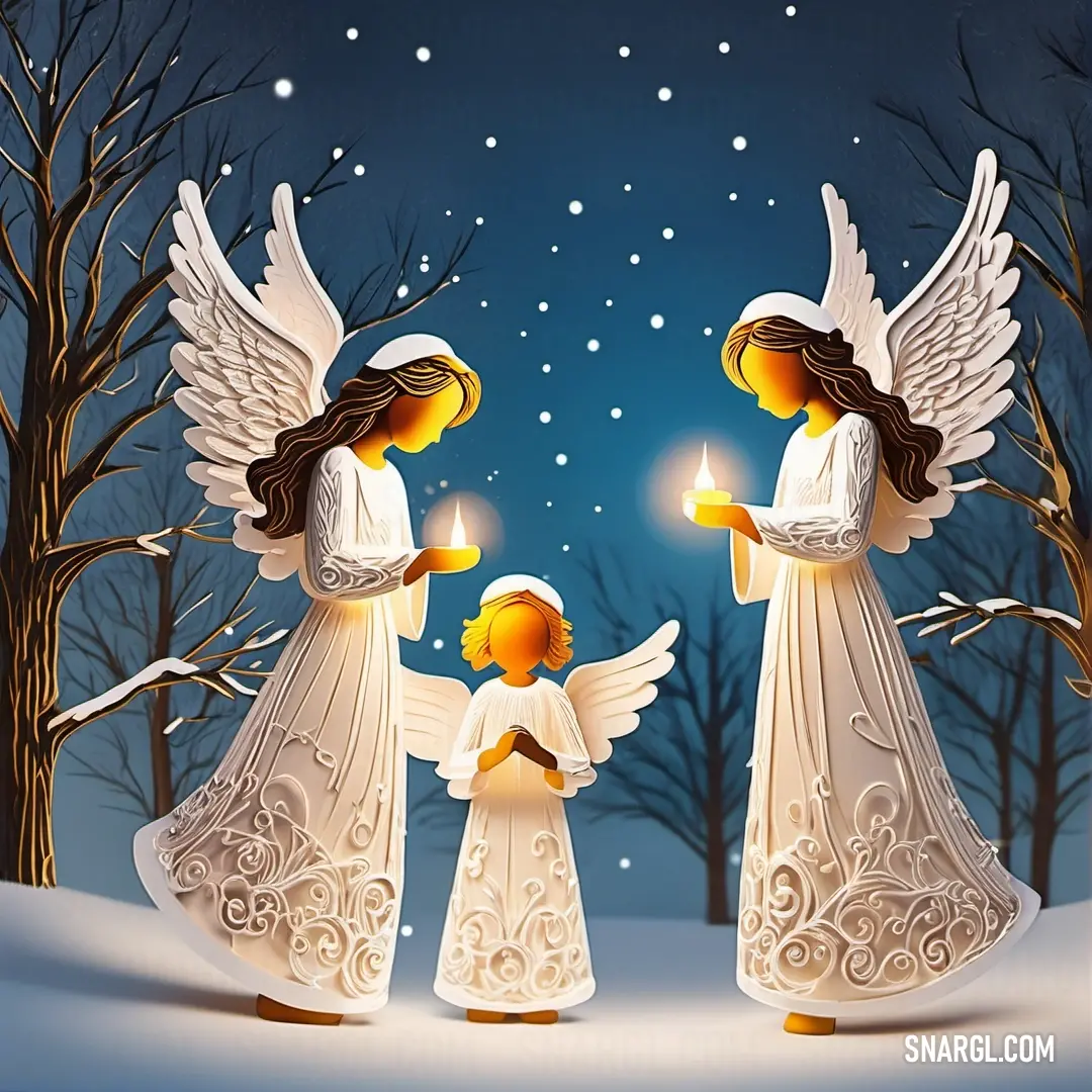 Two angels holding candles in their hands in the snow with trees in the background. Example of CMYK 0,3,10,0 color.