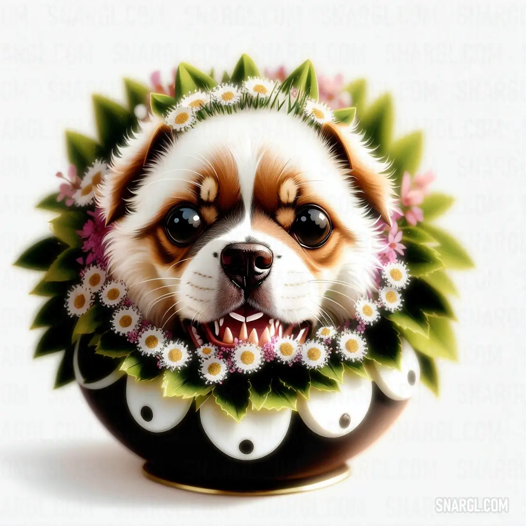 NCS S 0603-Y80R color. Dog with a flower crown on its head is shown in a picture with a white background