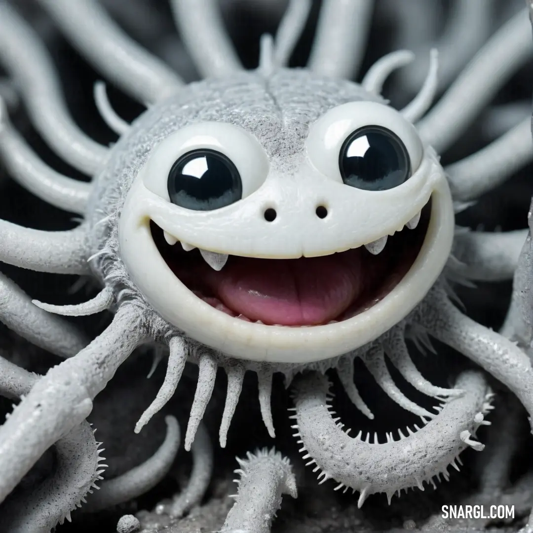 NCS S 0603-Y80R color. Close up of a toy with a creepy face and eyes on it's body and a large amount of white tentacles