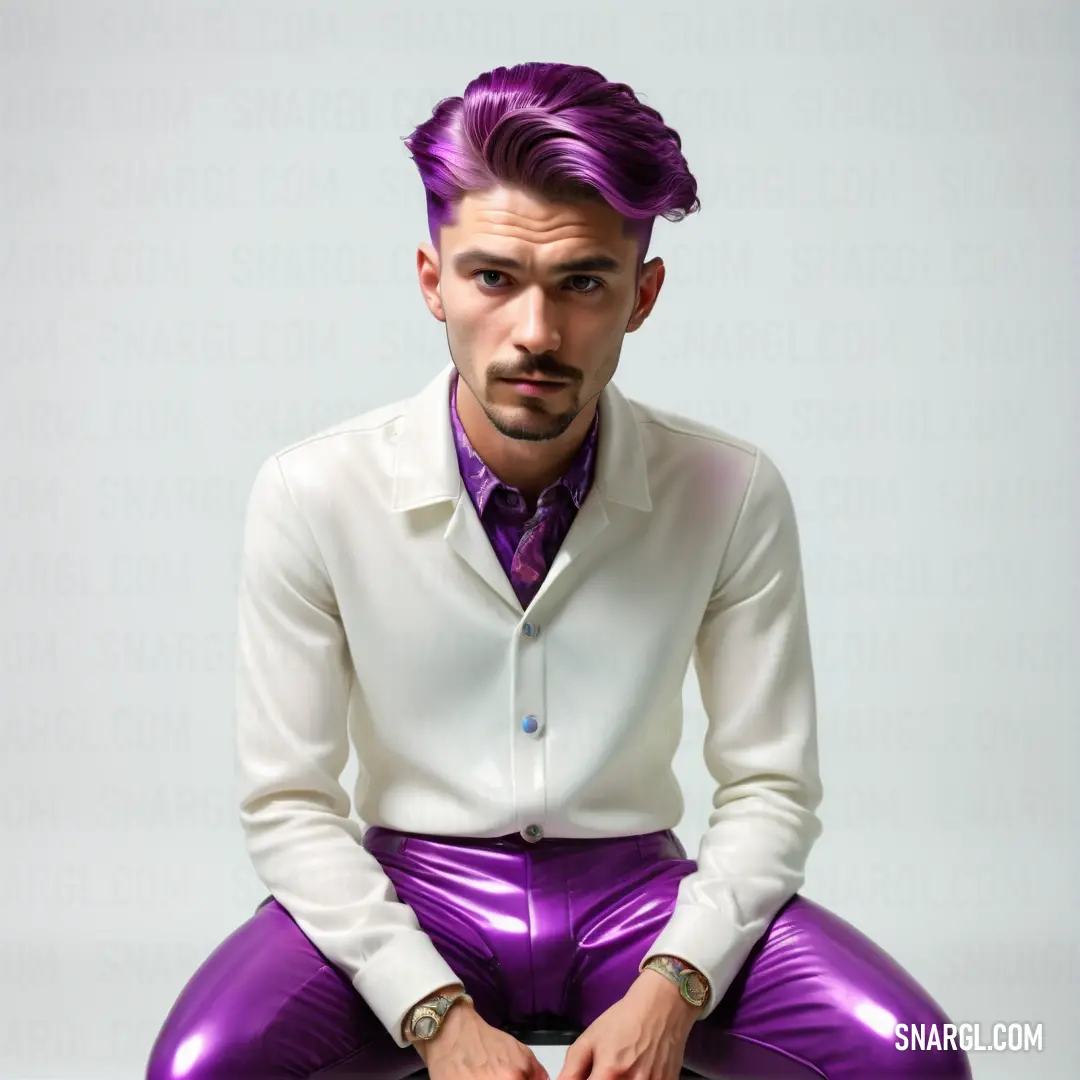 Man with purple hair on a shiny purple object wearing a white shirt and purple pants. Color #F0FCF5.