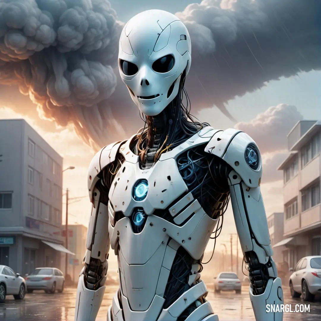 Robot woman standing in a city street with a lot of smoke coming out of the sky behind her. Color RGB 240,252,245.